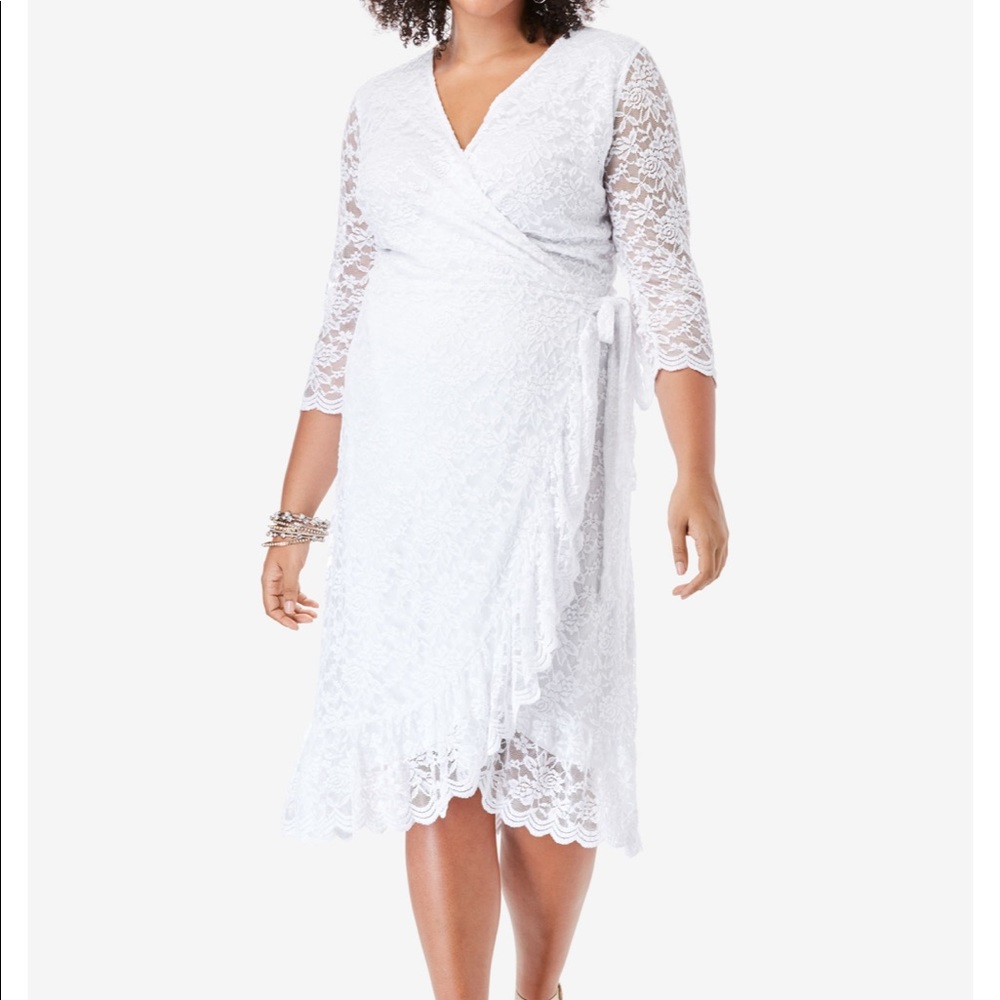 Roaman’s Lace Midi Wrap Dress with Ruffle Hem